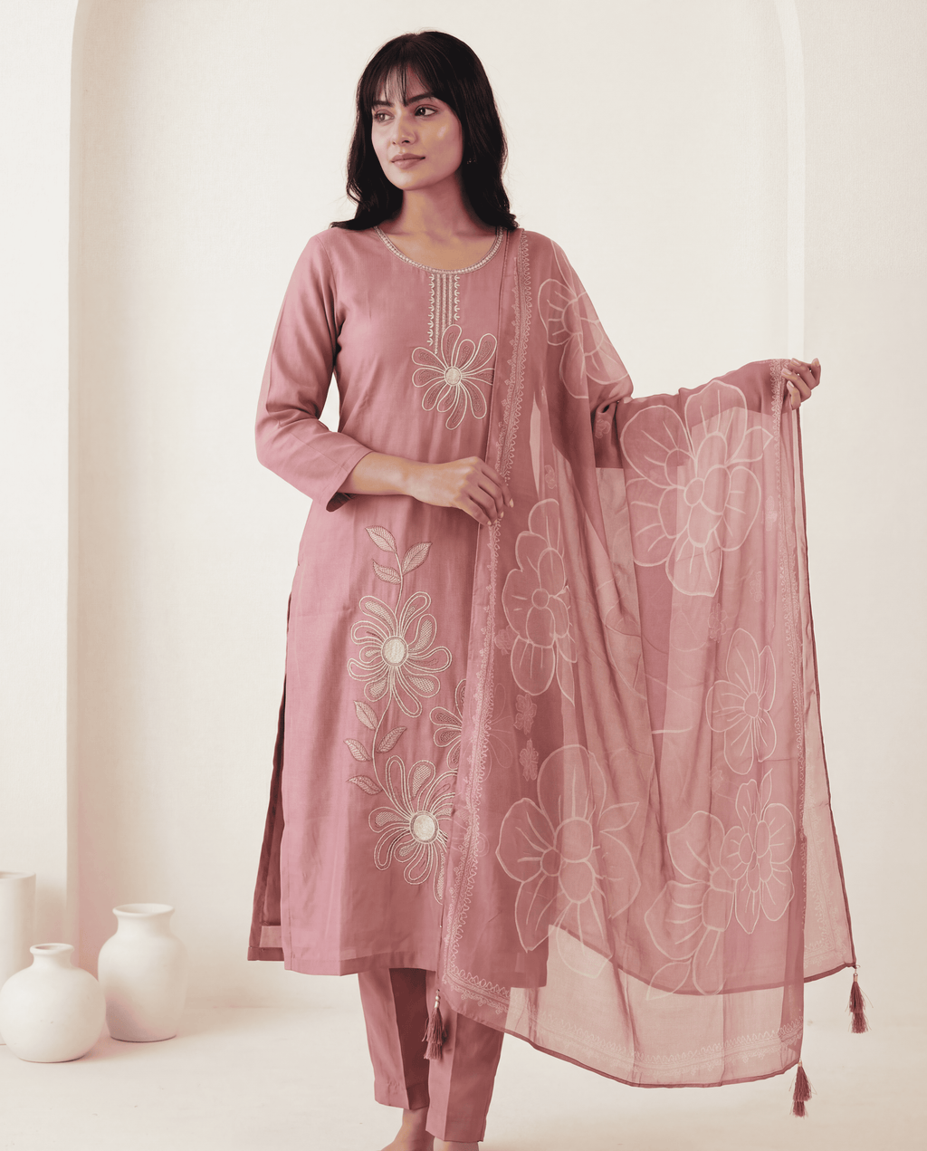 Baby Pink Cotton Silk Straight Suit With Dupatta.